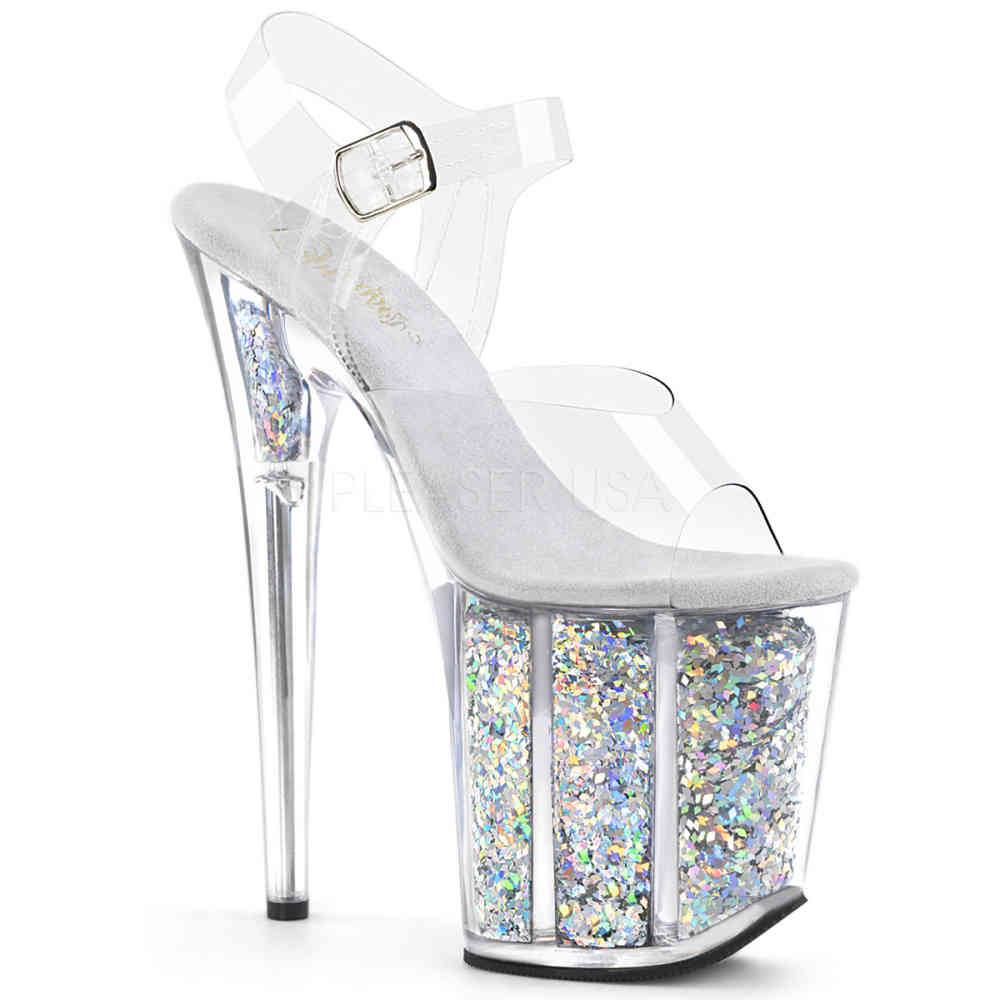 Pleaser - FLAMINGO808GF Sandale à bride à la cheville, Pole dance chaussures - Chaussures de pole dance - Couleur argent/Transparent Product image